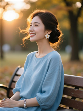 秋天公园长椅优雅气质盘发美女图片